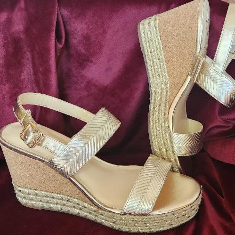 Jessica Simpson Gold Cork Wedge strap sling back buckle Sandals sz 8M